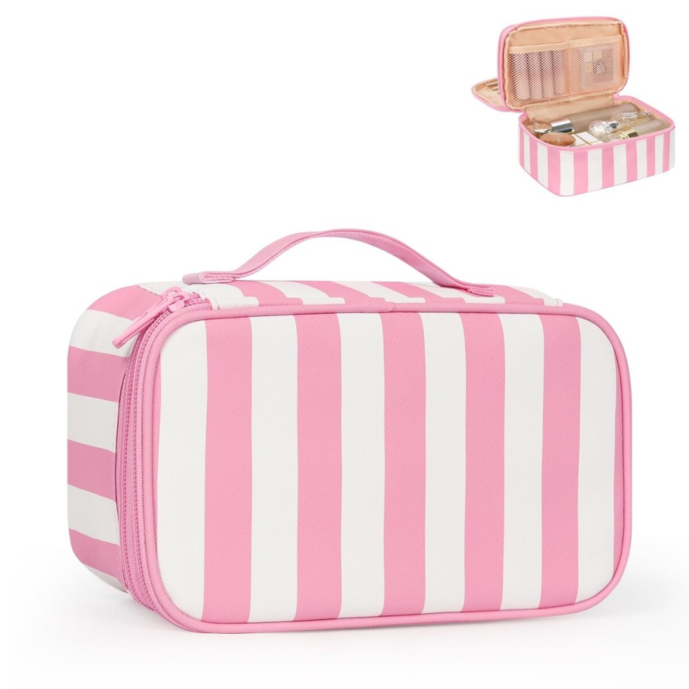 Relavel Travel Makeup Bag, Small Floral Cosmetic Bag with Makeup Brush Compartment, Portable Makeup Pouch for Women, Double Layer Makeup Organizer Bag Cute Toiletry Bag, Wide Strip