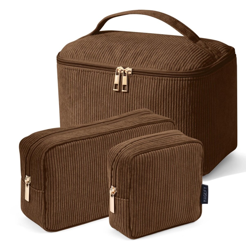 MAGEFY Makeup Bag, 3 Pcs Cosmetics Bag Large Capacity with Handle Make Up Bag for purse Corduroy Bag Pouch for Purse Organizer Bag-Brown