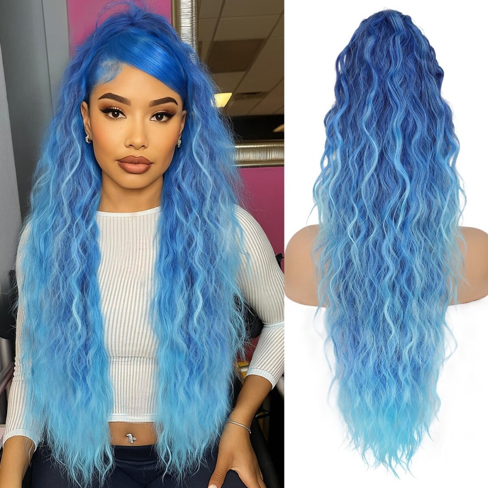 ORSUNCER Ponytail Extension Claw 30 Curly Pony Tail Clip in Claw Hair Extensions Fluffy Natural Looking Synthetic Hairpiece for Women Blue gradient