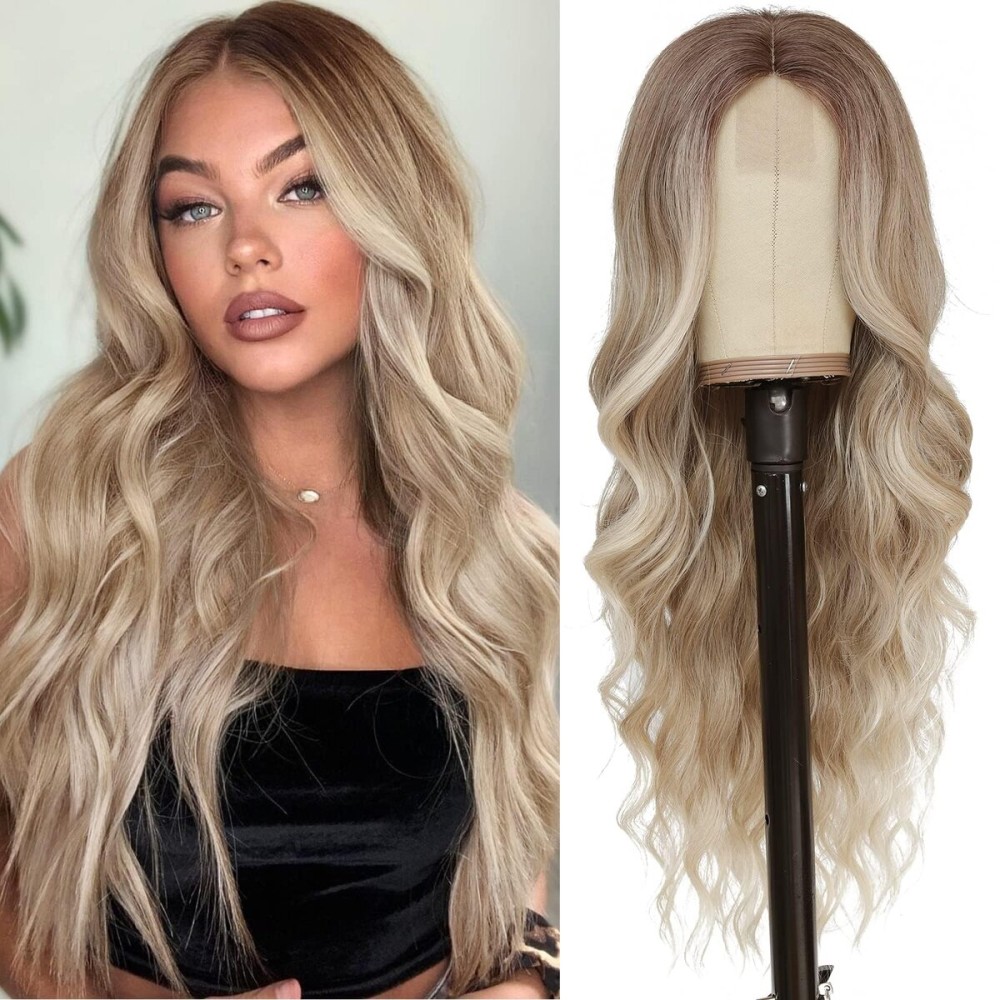 NAYOO Long Blonde Wavy Wig for Women - 26 Inch Middle Part Curly Synthetic Heat Resistant Fiber Wig for Daily Party Use (Ombre Blonde)