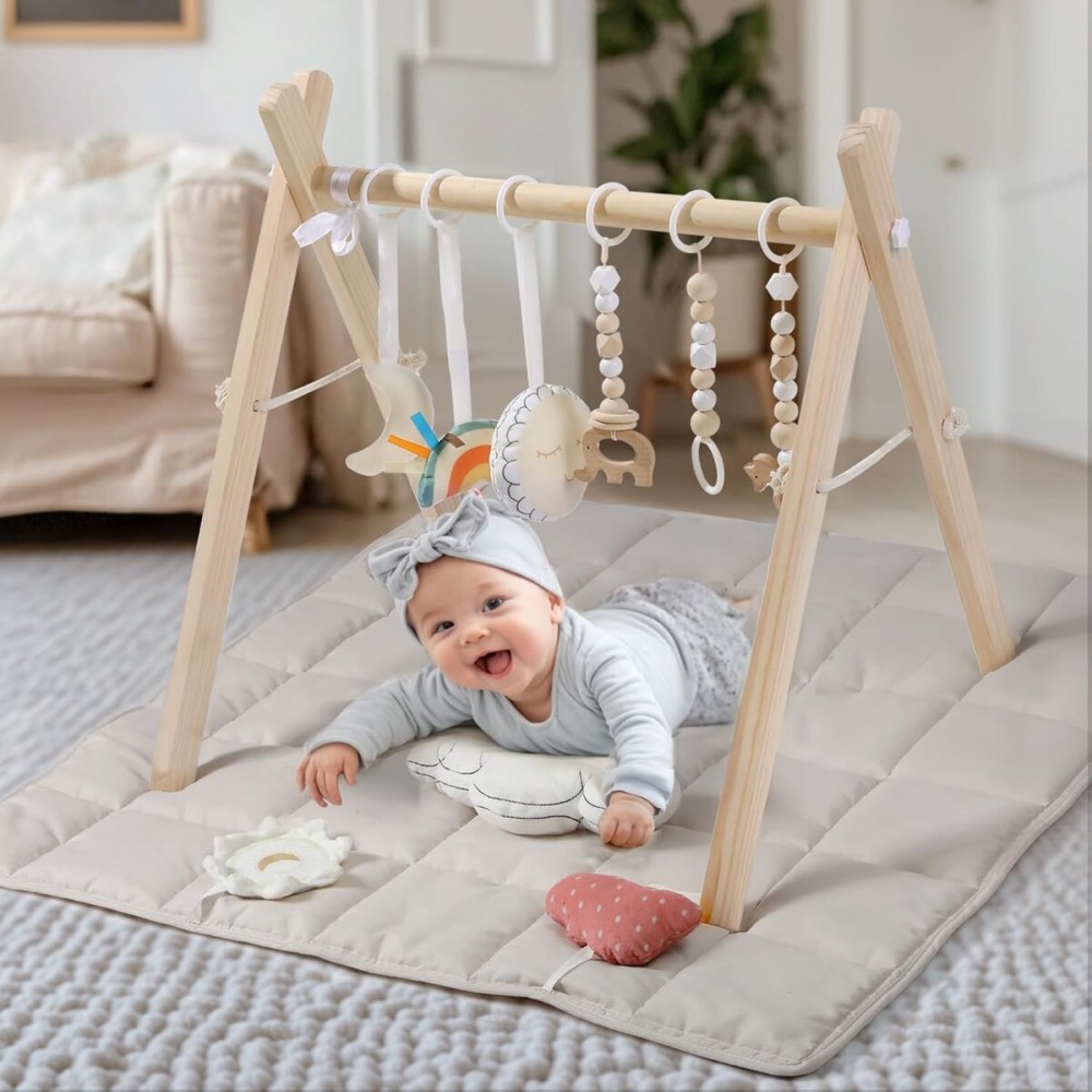 Wooden Play Gym with Beige Mat, Foldable Baby Play Gym, Infant Activity Mat with 6 Hanging Toys, Natural Pine Wood Frame Activity Center, Easy to Assemble & Clean, Newborn Present for Boys & Girls