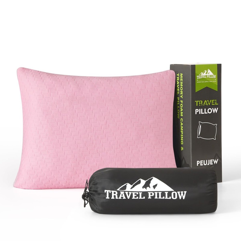 PEUJEW Small Shredded Memory Foam Pillow, Camping Pillow Travel Pillow - Compressible Medium Firm, Breathable Cover, Ideal Backpacking Hiking, Airplane and Car (Apricot Pink, L)