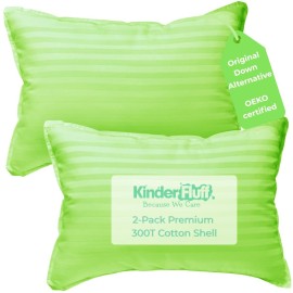 kinder Fluff Kids Pillows (2Pack) 13x18in - Small Pillow for Kids Age 2+, 100% Cotton Sateen Stripes Shell 300T, Down Alternative Fill, Machine Washable - Children & Travel Cushion - Green- S