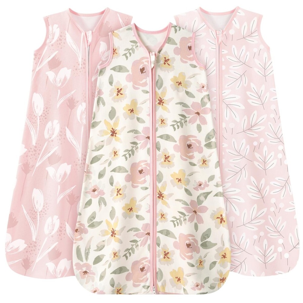 Unnivoll Baby Sleep Sack 6-12 Months 3 Pack 100% Cotton Lightweight 0.5 TOG Wearable Blanket Baby Sleep Bag with 2-Way Zipper for Newborn Infant Pink Flowers & Leaf