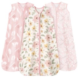 Unnivoll Baby Sleep Sack 6-12 Months 3 Pack 100% Cotton Lightweight 0.5 TOG Wearable Blanket Baby Sleep Bag with 2-Way Zipper for Newborn Infant Pink Flowers & Leaf