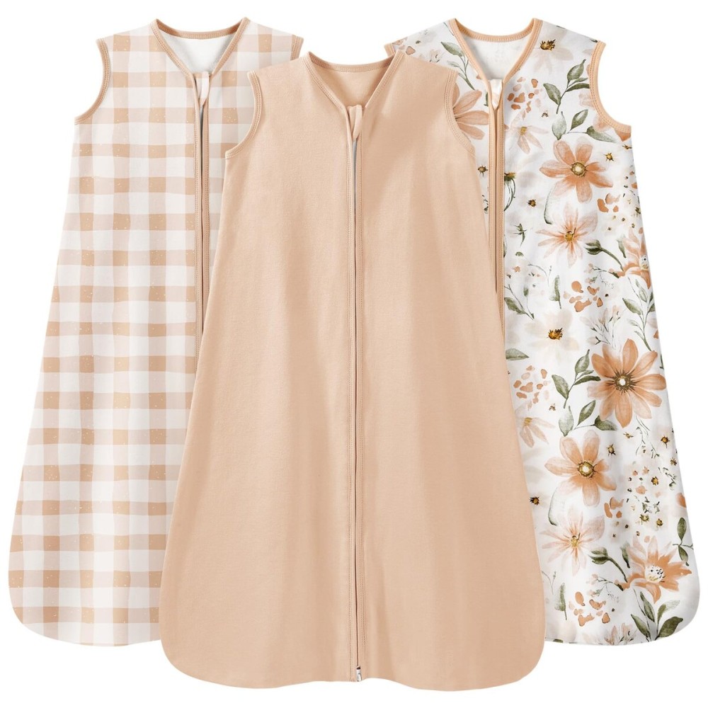 Unnivoll Baby Sleep Sack 6-12 Months 3 Pack 100% Cotton Lightweight 0.5 TOG Wearable Blanket Baby Sleep Bag with 2-Way Zipper for Newborn Infant Orange Flowers & Plaid