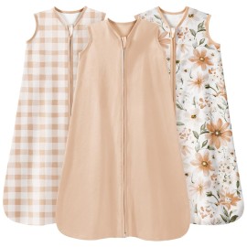 Unnivoll Baby Sleep Sack 6-12 Months 3 Pack 100% Cotton Lightweight 0.5 TOG Wearable Blanket Baby Sleep Bag with 2-Way Zipper for Newborn Infant Orange Flowers & Plaid