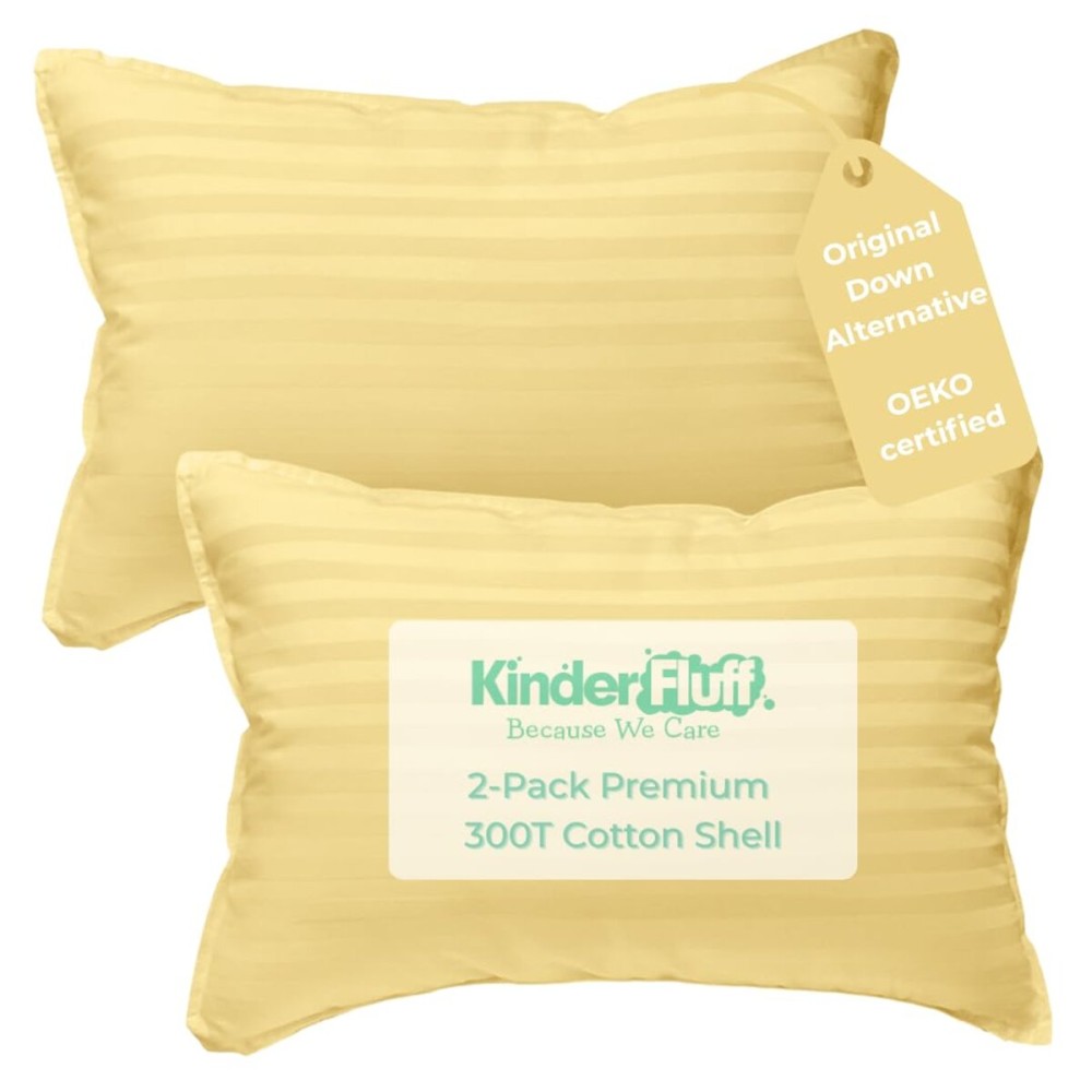 kinder Fluff Kids Pillows (2Pack) 13x18in - Small Pillow for Kids Age 2+, 100% Cotton Sateen Stripes Shell 300T, Down Alternative Fill, Machine Washable - Children & Travel Cushion - Yellow - S