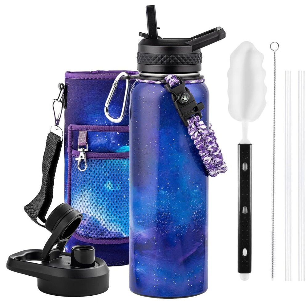 RAYMYLO 40oz Insulated Water Bottle, Triple Wall Vacuum Stainless Steel Water Bottles - Keeps Cold 48H, Reusable Metal water flask Jug for Gym, Sports, Camping, Hiking,Travel, Aurora-Purple