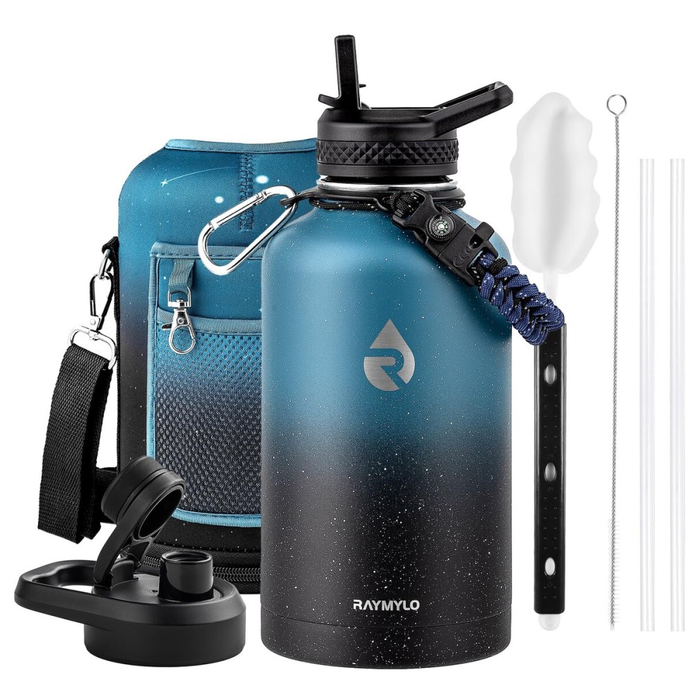 RAYMYLO 64oz Insulated Water Bottle, Triple Wall Vacuum Stainless Steel Water Bottles - Keeps Cold 48H, Reusable Half Gallon Jug for Gym, Sports, Camping, Hiking,Travel, Starry Sky-Indigo/Black