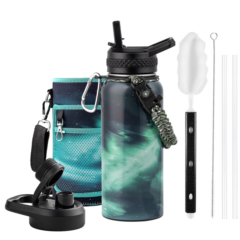 RAYMYLO 32oz Insulated Water Bottle, Triple Wall Vacuum Stainless Steel Water Bottles - Keeps Cold 48H, Reusable Metal water flask Jug for Gym, Sports, Camping, Hiking,Travel, Aurora-Green