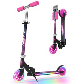 BELEEV Scooter for Kids Ages 3-12 with Light-Up Wheels & Deck, 2 Wheel Folding Kick Scooter for Girls and Boys, 3 Adjustable Height, Non-Slip Deck, Lightweight Scooter with Kickstand (Galaxy Purple)