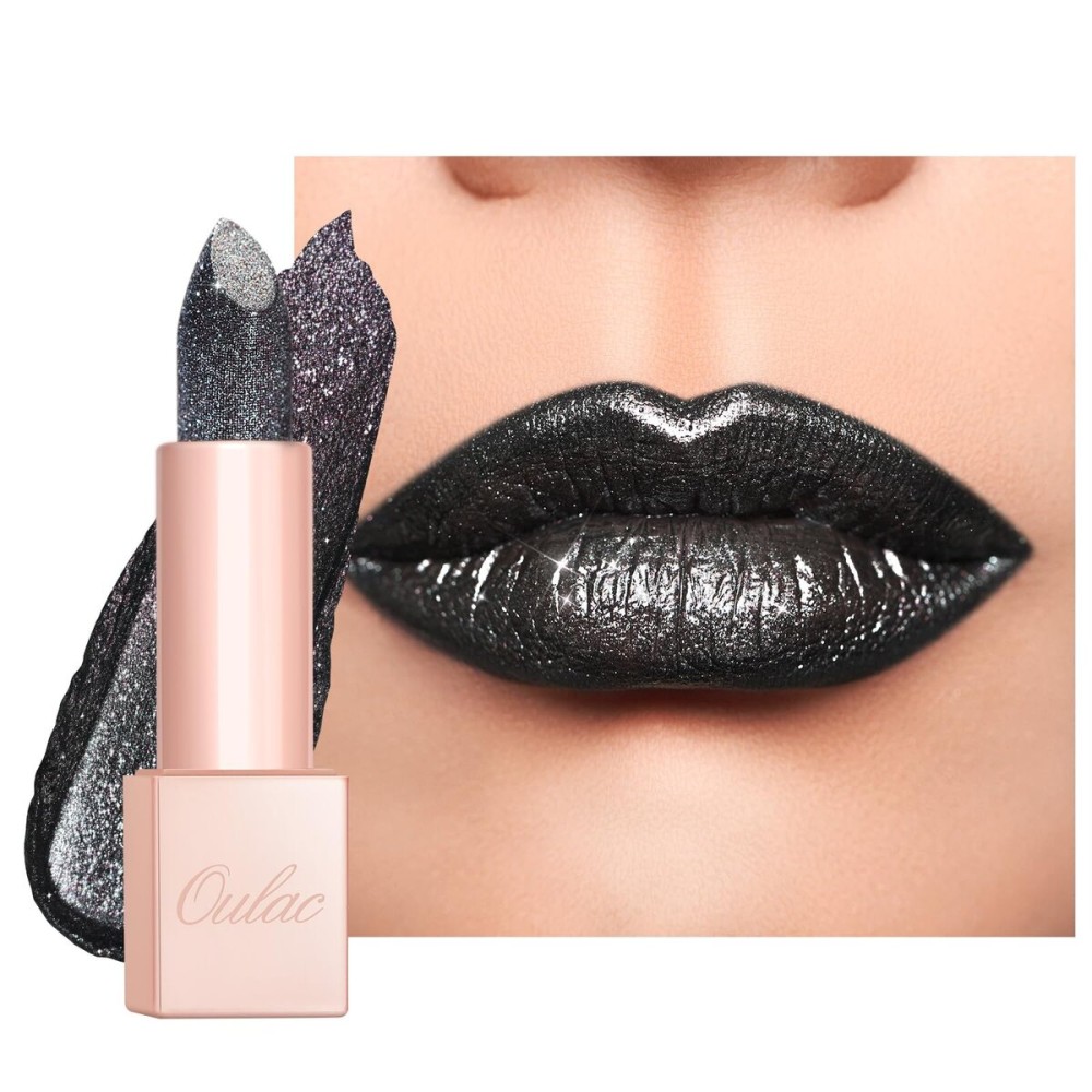 Oulac Halloween Black Lipstick Grey Black with Silver Shimmer - Moisture Creamy Lipstick for Women, Vegan & Gluten Free - D07 Monodrama
