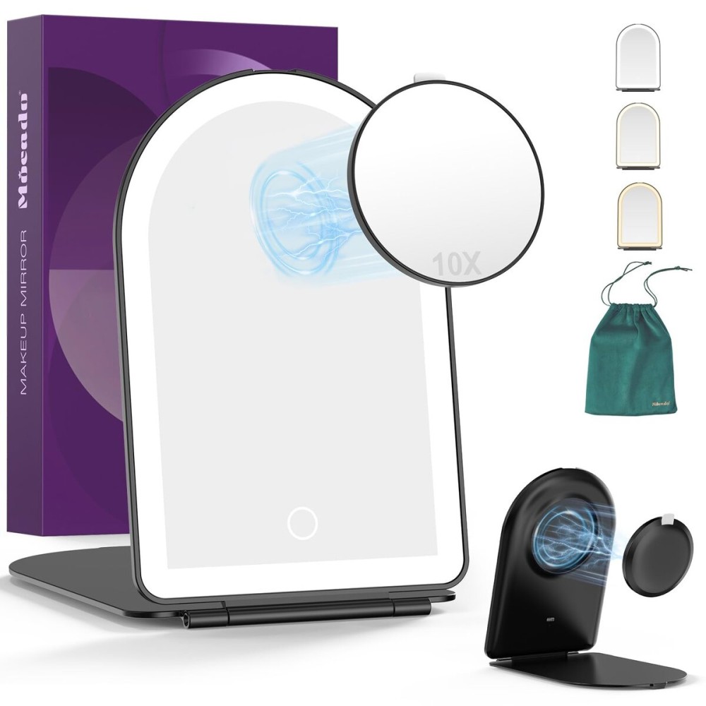 Mocado Travel Makeup Mirror with Light, 1x/10x Magnifying Mirror with Light, 3 Colors Lighted Magnifying Mirror, 2000mAh Rechargeable Lighted Makeup Mirror, Memory Function (Arched-Black)