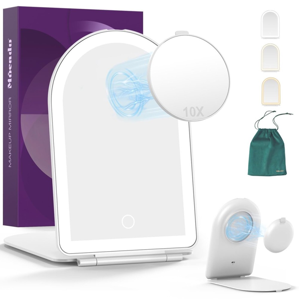 Mocado Travel Makeup Mirror with Light, 1x/10x Magnifying Mirror with Light, 3 Colors Lighted Magnifying Mirror, 2000mAh Rechargeable Lighted Makeup Mirror, Memory Function (Arched-White)