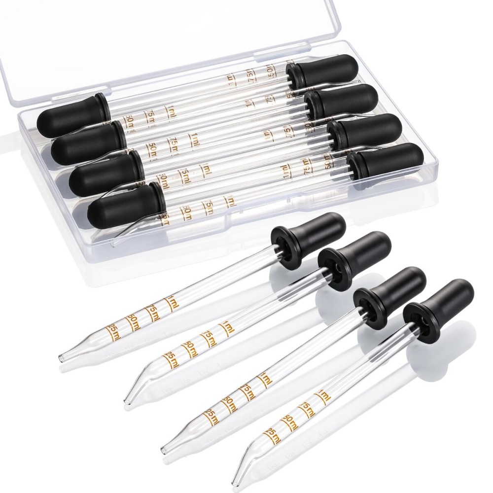8 Pack, 1 mL Glass Eye Dropper with Measurement - Long Bent & Straight Tip Calibrated Glass Medicine Droppers, Accurate Dose Pipette Dropper for Essential Oil, Feeding, Ear, Eye, Lab, Health, Beauty