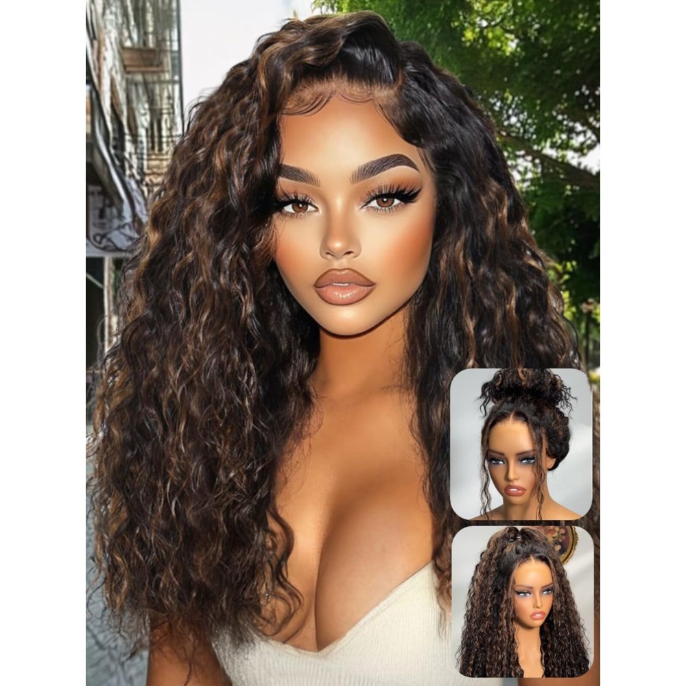 UNICE Deep Water Wave 7x5 Bye Bye Knots Lace Front Wigs Human Hair Golden Brown Highlight Glueless Human Hair Wig Pre Plucked Pre Cut Natural Hairline 150% Density 18 inch