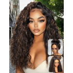 UNICE Deep Water Wave 7x5 Bye Bye Knots Lace Front Wigs Human Hair Golden Brown Highlight Glueless Human Hair Wig Pre Plucked Pre Cut Natural Hairline 150% Density 18 inch
