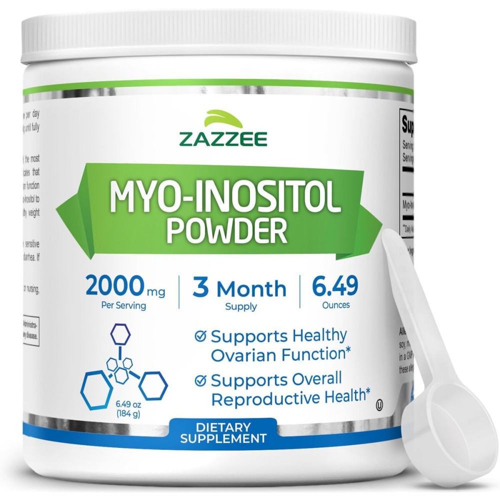 Zazzee Myo-Inositol Powder, 3 Month Supply, 92 Servings, 2000 mg per Serving, Free Scoop for Exact Dosage, 6.49 Ounces, 100% Pure, All-Natural Fertility and Reproductive Support, Vegan, Non-GMO