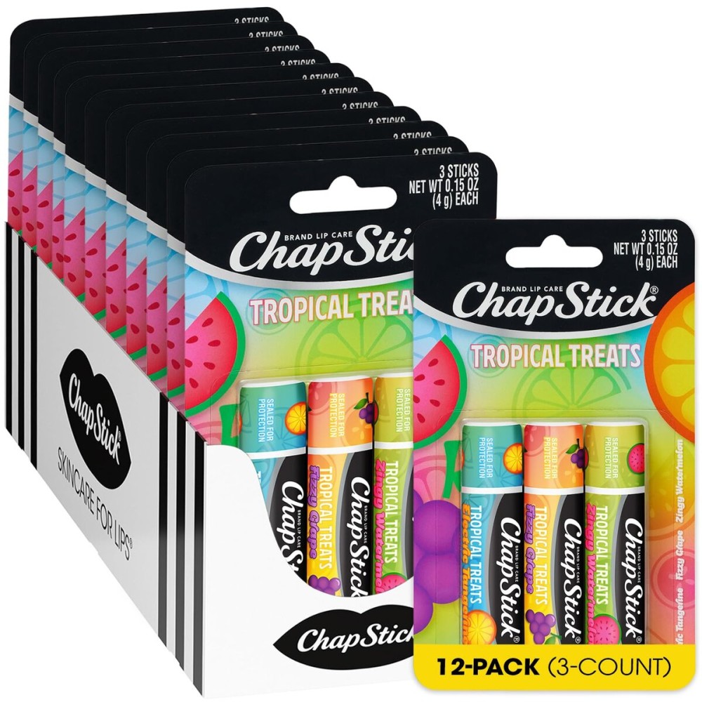 ChapStick Lip Care, Tropical Treats Collection (36 Sticks) - Electric Tangerine, Fizzy Grape & Zingy Watermelon, Bulk Lip Balm, 0.15 Oz Ea