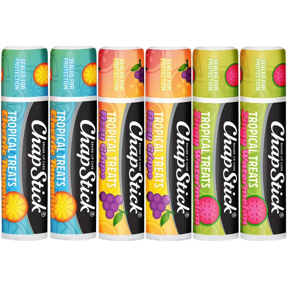 ChapStick Lip Care, Tropical Treats Collection (6 Sticks) - Electric Tangerine, Fizzy Grape & Zingy Watermelon Lip Balm, 0.15 Oz Ea
