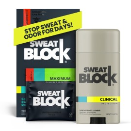 SweatBlock Maximum Clinical Strength Antiperspirant and Deodorant System for Men and Women Hyperhidrosis Aid for Excessive Sweating and Odor 10 DRIBOOST Wipes plus Sandalwood Deodorant Stick 2.7 oz