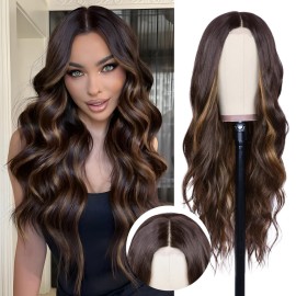 NAYOO Long Dark Brown Mixed Chestnut Wavy Wig for Women 26 Inch Middle Part Lace Hairline Curly Wavy Wig Natural Looking Synthetic Heat Resistant Fiber Wig for Daily Party Use