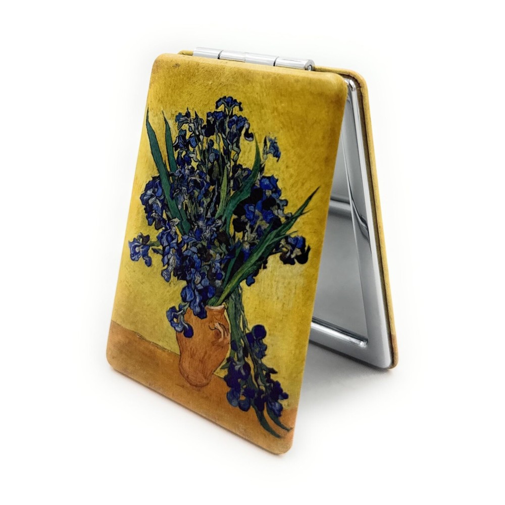 Irises Mirror Compact Floral Traval Mirror Yellow with Green Flowers Pocket Cosmetic Mirrors for Ladies Light Weighted Foldable Magnifying