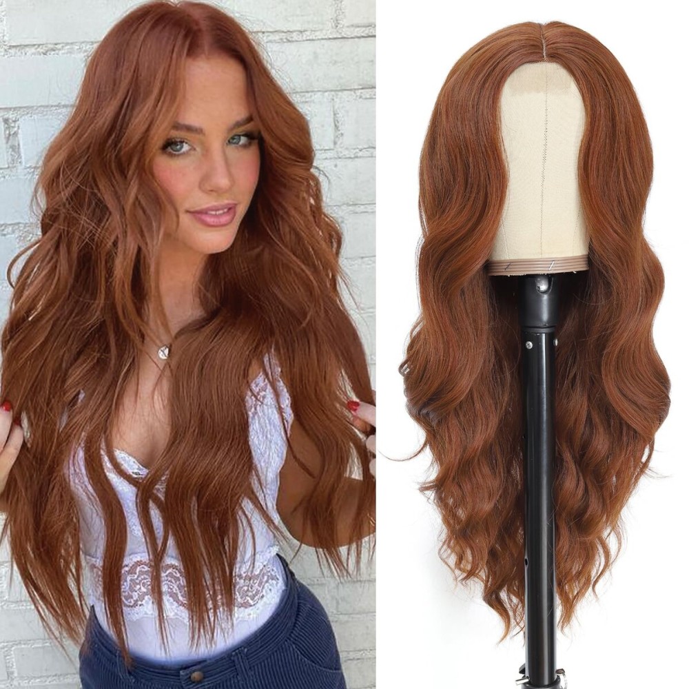 NAYOO Long Auburn Wavy Wig for Women 26 Inch Middle Part Curly Wavy Wig Natural Looking Synthetic Heat Resistant Fiber for Daily Party Use(26Inch Auburn)