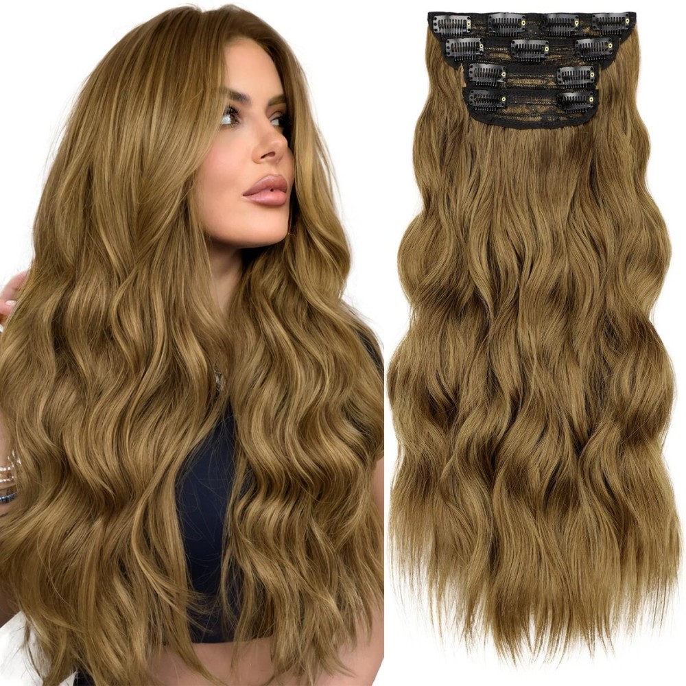 KooKaStyle Clip in Synthetic Hair Extensions Long Wavy 4PCS Thick Hairpieces Brown with Multi - Tone Highlights Fiber Double Weft Natural Hair Extensions 20 Inch for Women