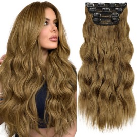 KooKaStyle Clip in Synthetic Hair Extensions Long Wavy 4PCS Thick Hairpieces Brown with Multi - Tone Highlights Fiber Double Weft Natural Hair Extensions 20 Inch for Women