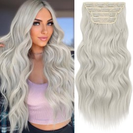KooKaStyle Clip in Synthetic Hair Extensions Long Wavy 4PCS Thick Hairpieces Silver Grey Blonde Fiber Double Weft Natural Hair Extensions 20 Inch for Women