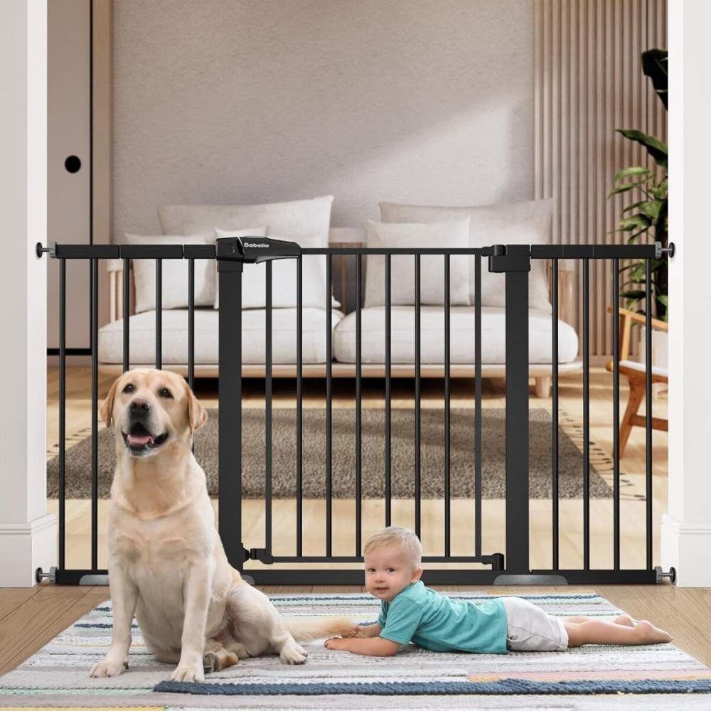 BABELIO 36 Tall Baby Gate, PressGuard P7, 29-55 Auto Close Pressure Mounted Dog Gate for Doorways & Hallway, Basics Easy Walk Thru Pet Gate, Extra Wide Metal Child Gate, Black