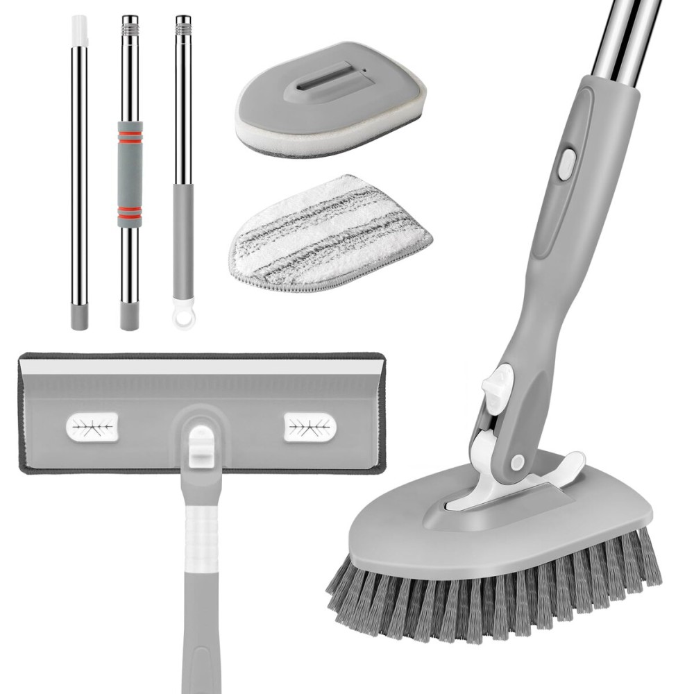 SetSail 4-in-1 Tile Tub Floor Scrubber with 52-inch Adjustable Long Handle Shower Cleaner Brush with Window Scrubber and 3 Replacement Brush Heads for Bathroom Kitchen Walls Tub Tile Sink, Grey
