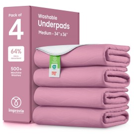 IMPROVIA Washable Underpads, Heavy Absorbency Reusable Incontinence Pads for Kids, Adults, Elderly, and Pets, Waterproof Protection Floor (Pink and White, 34 x 36 - Pack of 4)