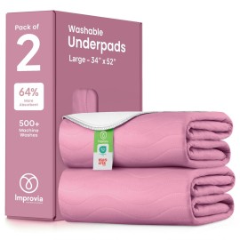 IMPROVIA Washable Underpads, Heavy Absorbency Reusable Incontinence Pads for Kids, Adults, Elderly, and Pets, Waterproof Protection Floor (Pink and White, 34 x 52 - Pack of 2)