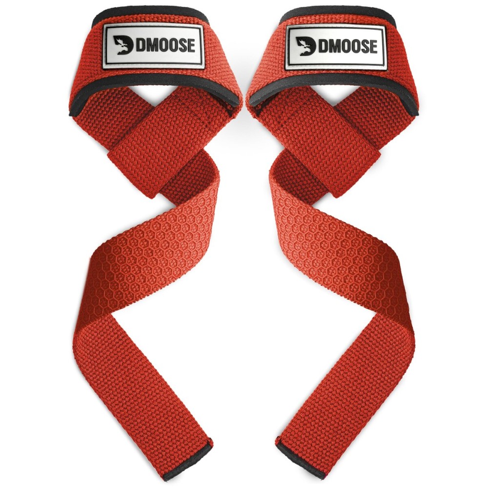 DMoose Fitness Lifting Straps 24 (Pair) - 5mm Padded Wrist Straps for Weightlifting & Powerlifting - Cotton Lifting Strap with Silicone Grip for Men & Women - Deadlift Strap for Gym (Red Silicone)
