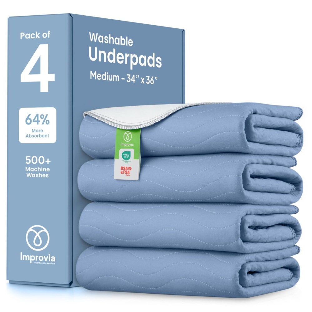 IMPROVIA Washable Underpads, Heavy Absorbency Reusable Incontinence Pads for Kids, Adults, Elderly, and Pets, Waterproof Protection Floor (Blue, 34x36 (Pack of 4))