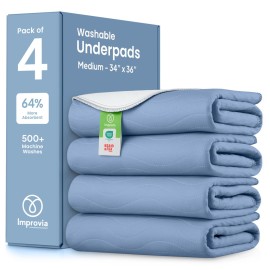 IMPROVIA Washable Underpads, Heavy Absorbency Reusable Incontinence Pads for Kids, Adults, Elderly, and Pets, Waterproof Protection Floor (Blue, 34x36 (Pack of 4))