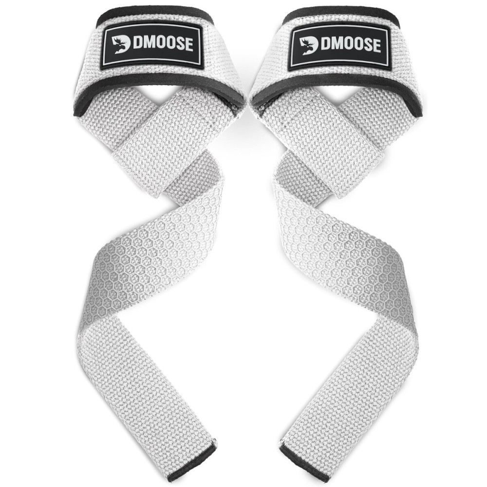 DMoose Fitness Lifting Straps 24 (Pair) - 5mm Padded Wrist Straps for Weightlifting & Powerlifting - Cotton Lifting Strap with Silicone Grip for Men & Women - Deadlift Strap for Gym (White Silicone)