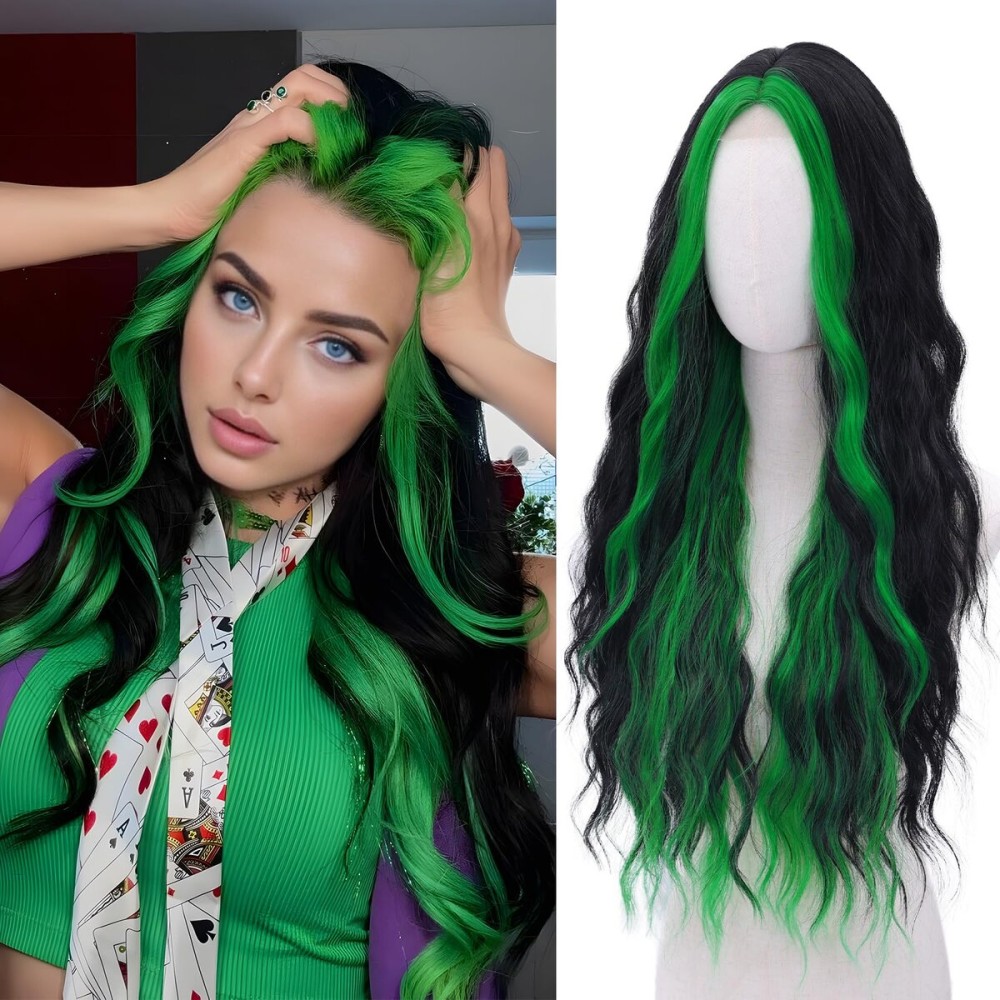 Green Wig - Black and Green Wigs for Women Long Natural Wavy Synthetic Wig Heat Resistant Fiber Wigs for Daily Party Halloween Cosplay