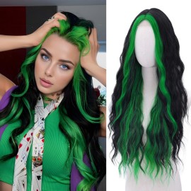 Green Wig - Black and Green Wigs for Women Long Natural Wavy Synthetic Wig Heat Resistant Fiber Wigs for Daily Party Halloween Cosplay