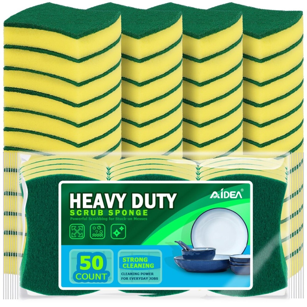 AIDEA Sponges Kitchen, 50 Pack Heavy Duty Dish Sponge, Cleaning Dish Scrubber Sponge for Home and Kitchen, Stink-Free Cleaning Supplies for Pots, Pans