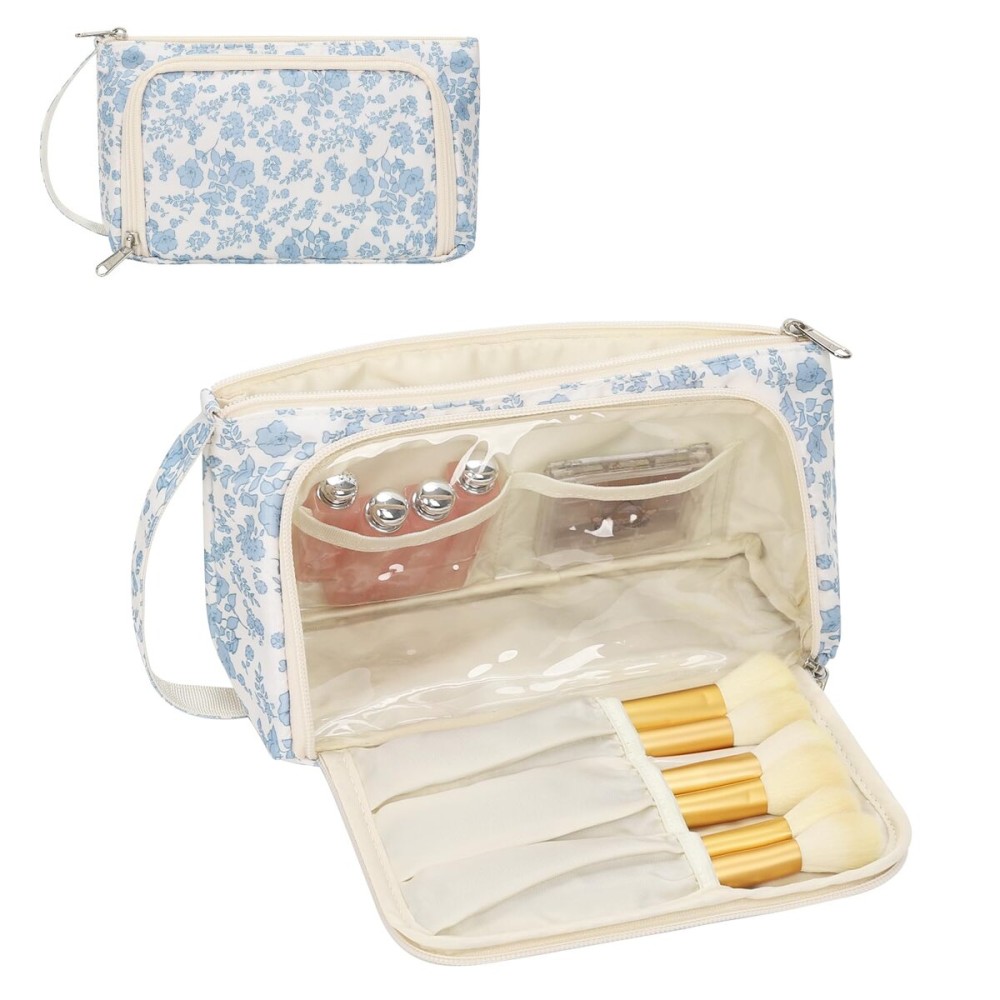 Small Makeup Bag, Travel Make Up Pouch, Floral Cosmetic Organizer Case for Women, Cute Toiletry Bag with Portable Handle