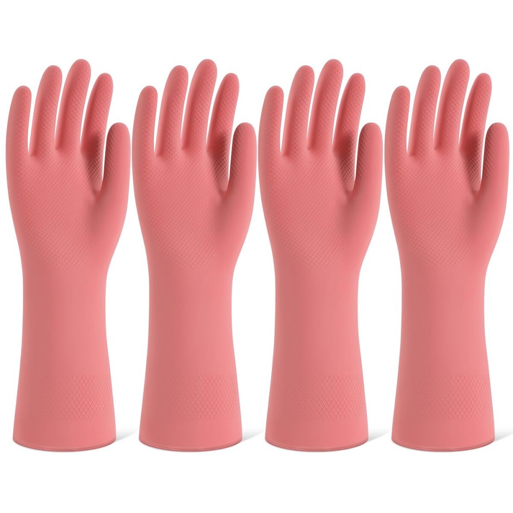 Rubber Cleaning Gloves for Dishwashing, 4 Pairs Reusable Kitchen Gloves for Washing Dishes and Household Cleaning, Pink Dish Gloves with Flocked Lining and Non-Slip Grip, Pefect for Woman Men - M