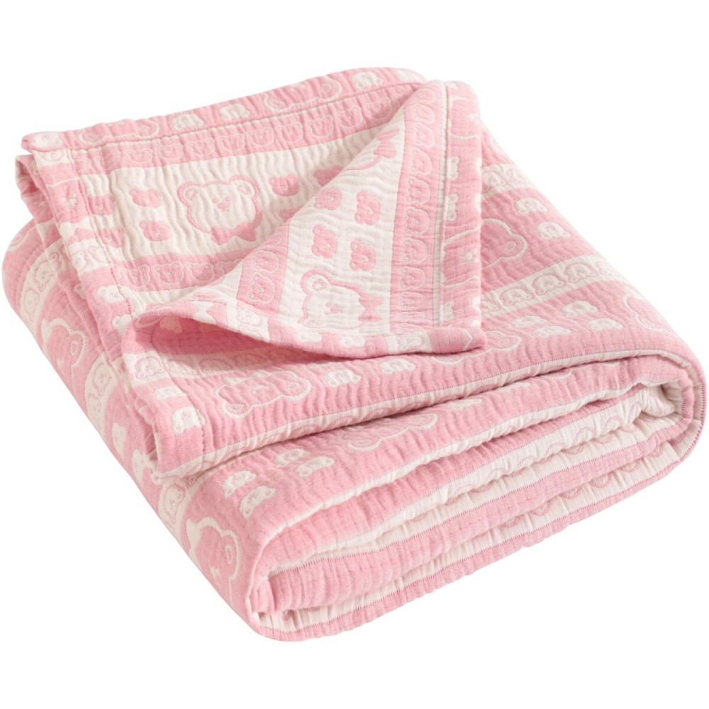 NTBAY 3 Layer Oversized Muslin Cotton Toddler Blanket, Jacquard Reversible Nursery Bed Blanket, Super Soft and Thermal for All Seasons, Baby Gift, 45x60, Pink Bear
