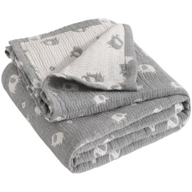 NTBAY 3 Layer Oversized Muslin Cotton Toddler Blanket, Jacquard Reversible Nursery Bed Blanket, Super Soft and Thermal for All Seasons, Baby Gift, 45x60, Dark Grey Elephant