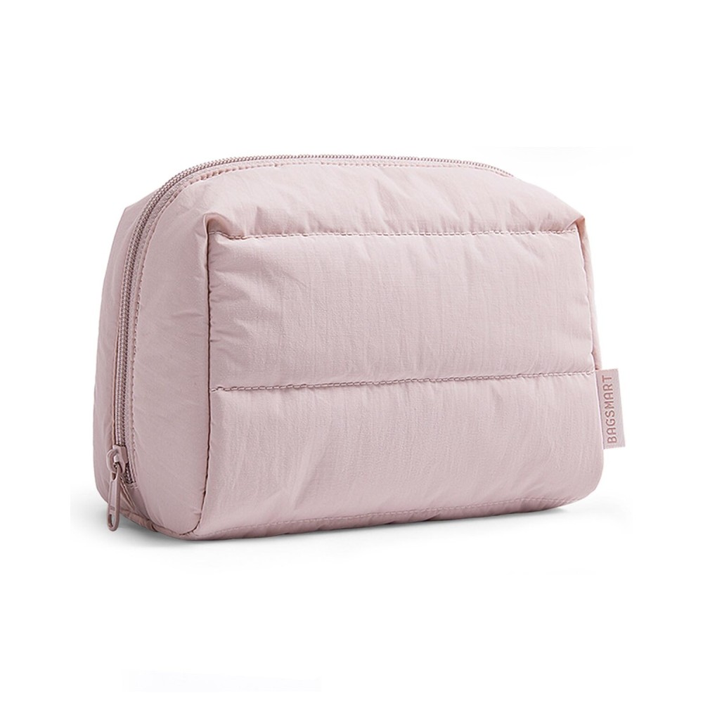 BAGSMART Puffy Makeup Bag, Wide Opening Cosmetic Bag Compact & Spacious, Water-Resistant Travel Organizer Pouches for Women (Baby Pink)