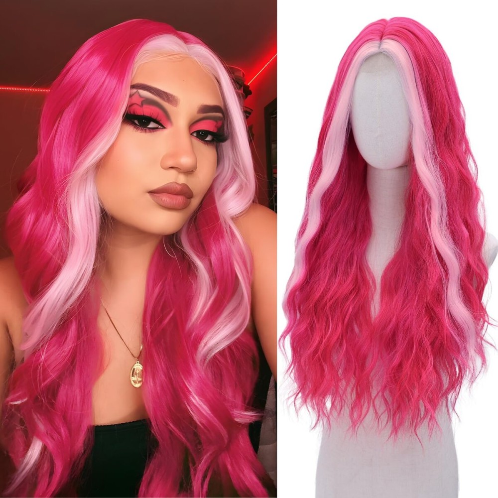 Hot Pink Wig-Long pink Wigs for Women Natural Wavy Synthetic Wig Heat Resistant Fiber Wigs for Daily Party Halloween Cosplay