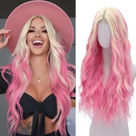 Pink and Blonde Wig-Long Pink Blonde Wigs For Women Synthetic Wig Heat Resistant Fiber Wigs for Daily Party Use